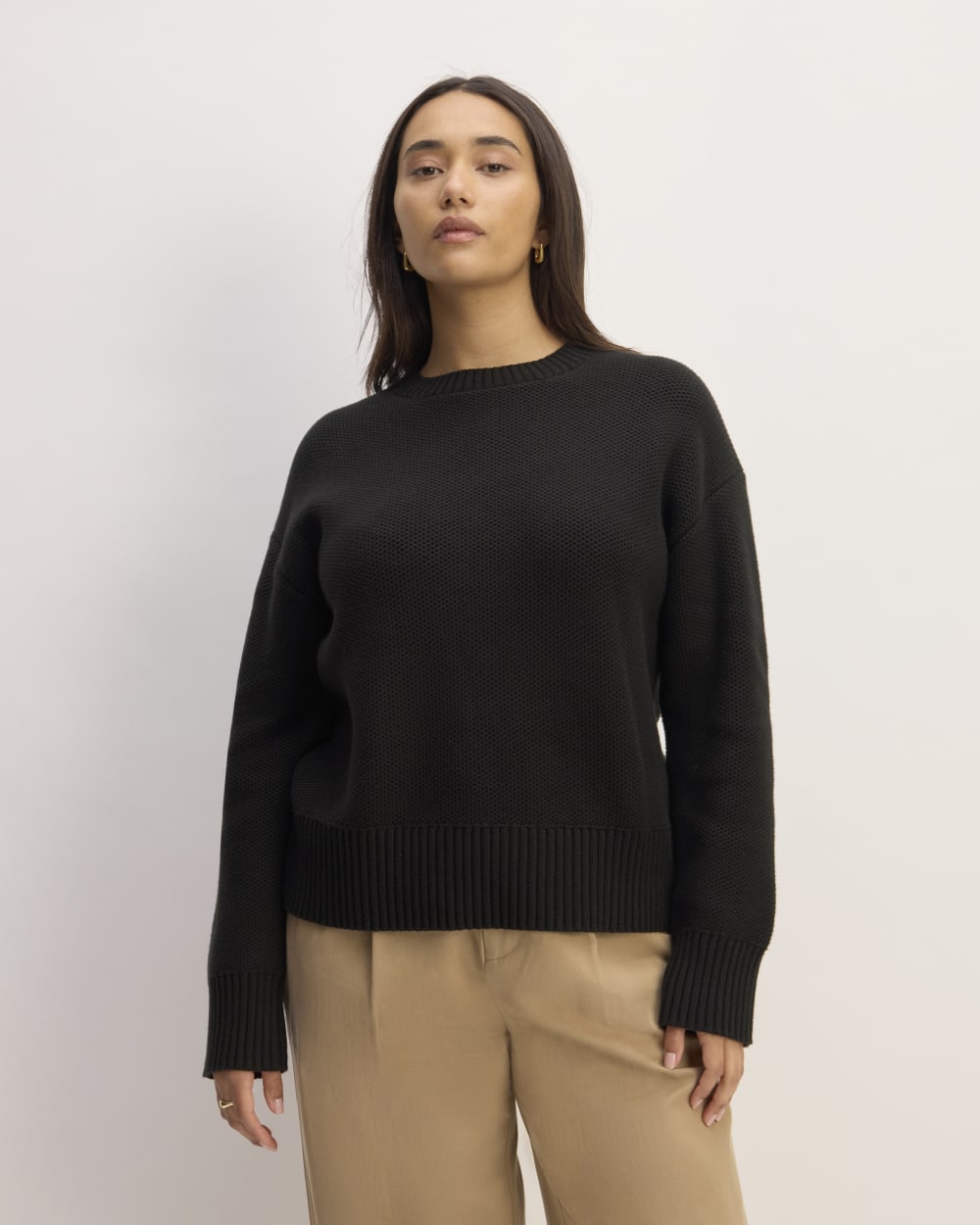 The Cotton Honeycomb Square Crew in Black — front view