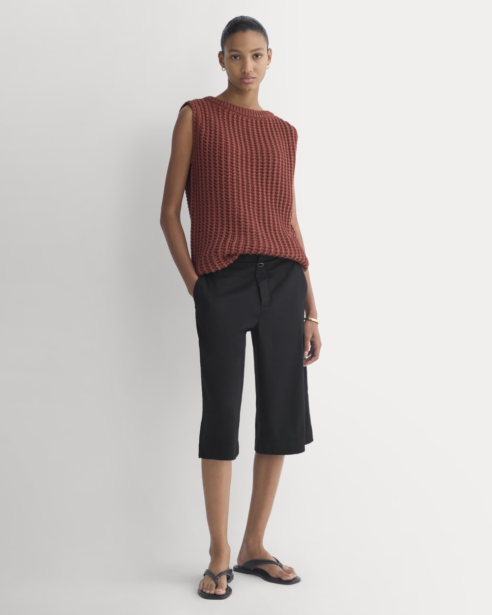 Open-Knit Tunic Vest in Elevated Cotton in Henna Red — detail view