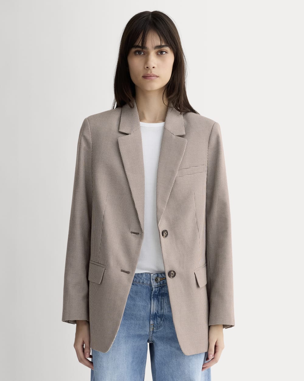 The Oversized Blazer in Buttersmooth in Deep Taupe Mini Gingham — front view