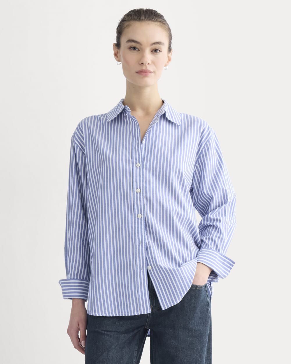 Everyday Shirt in Silky Cotton in Bone / Mazarine Blue — front view