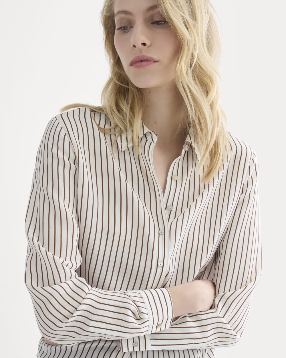 Shrunken Top in Washable Silk in Bone / Toffee Stripe — detail view