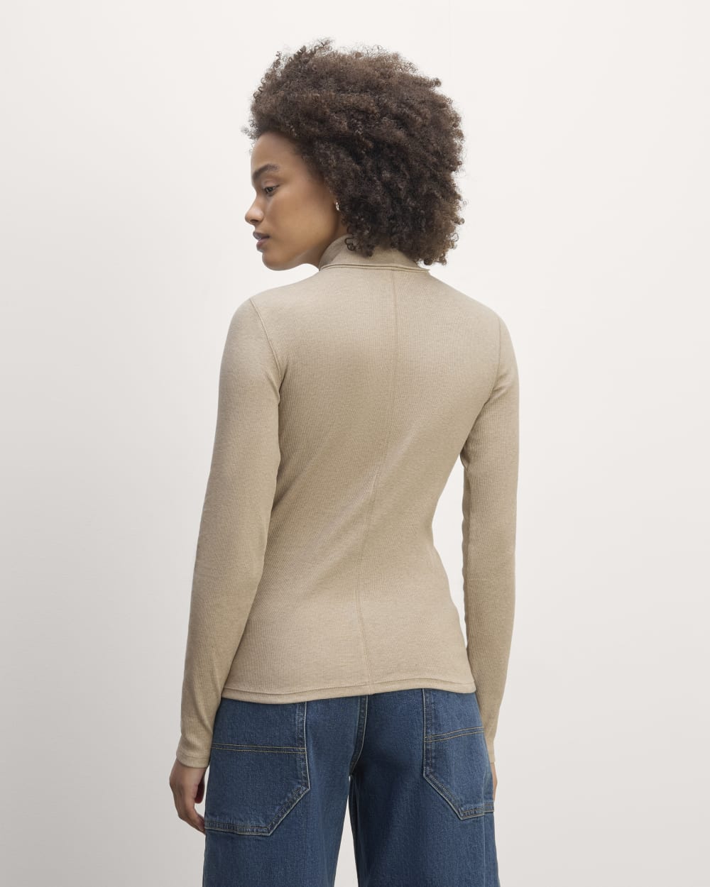 The Luxe Rib Turtleneck in Heathered Tan — detail view