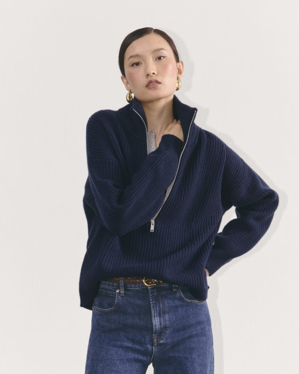 The Half-Zip Sweater in Luxe Merino in Navy — detail view