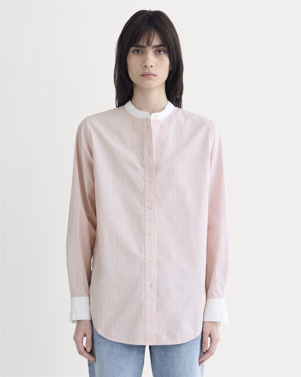 The Oversized Shirt in Ultrasoft Cotton in Pink / White — front view