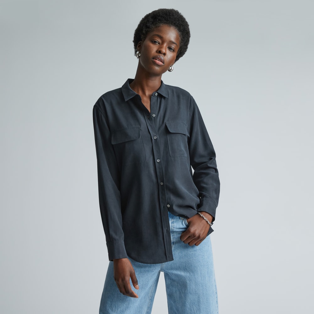 The Washable Silk Relaxed Shirt in Washed Black — front view