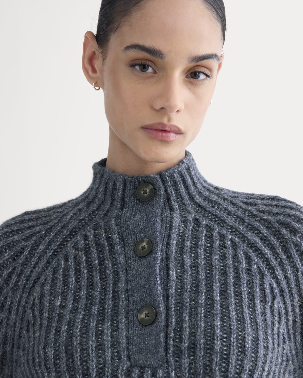 Funnel-Neck Ribbed Henley Sweater in Indigo — detail view