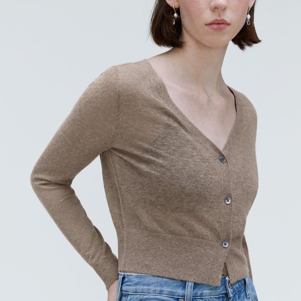 The Featherweight Alpaca Cardigan in Taupe Grey — detail view
