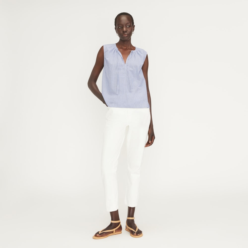 The Gathered Tie-Front Top in Mazarine Blue / Optic White — detail view