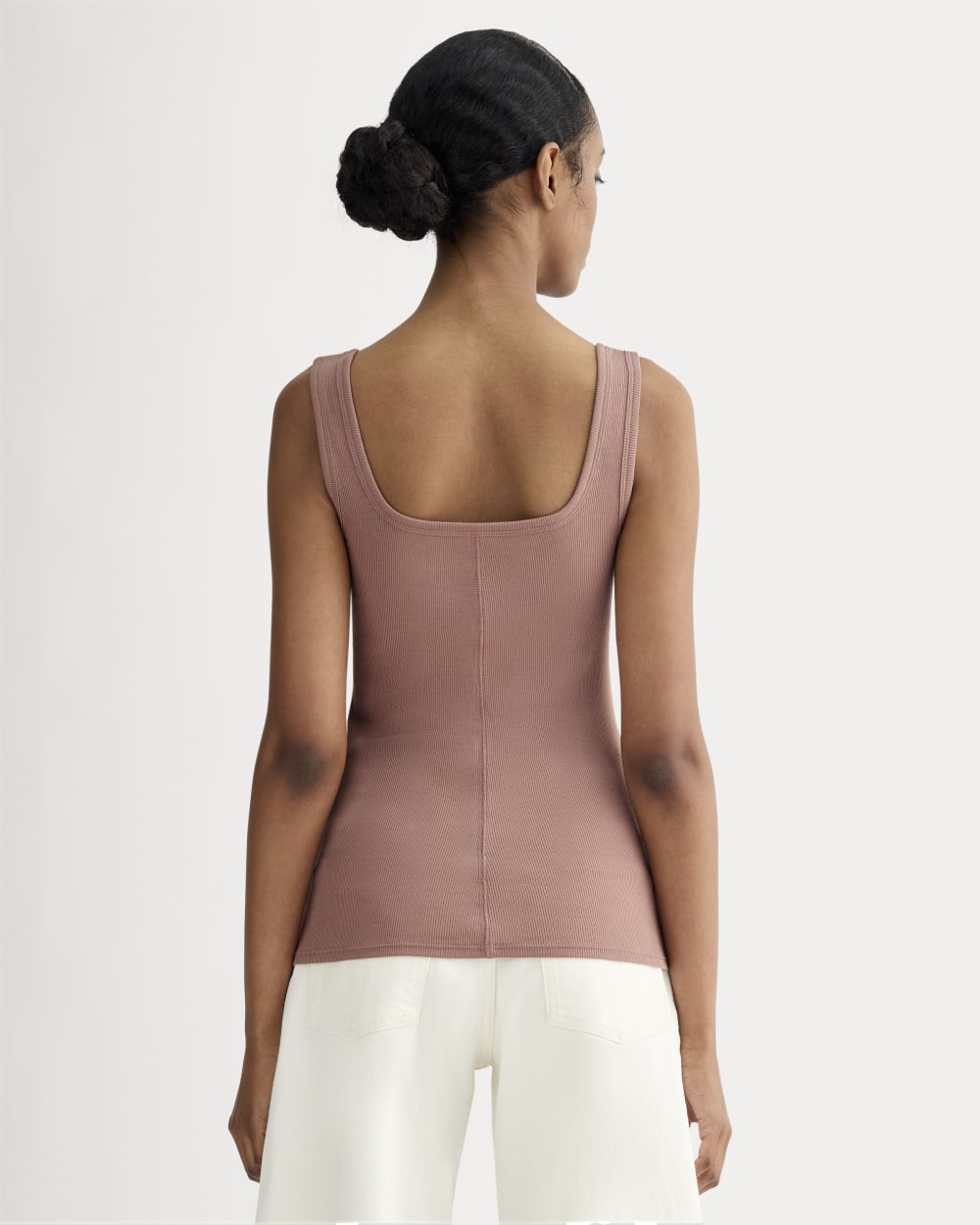 The Luxe Rib Square-Neck Tank in Rose Dusk — detail view