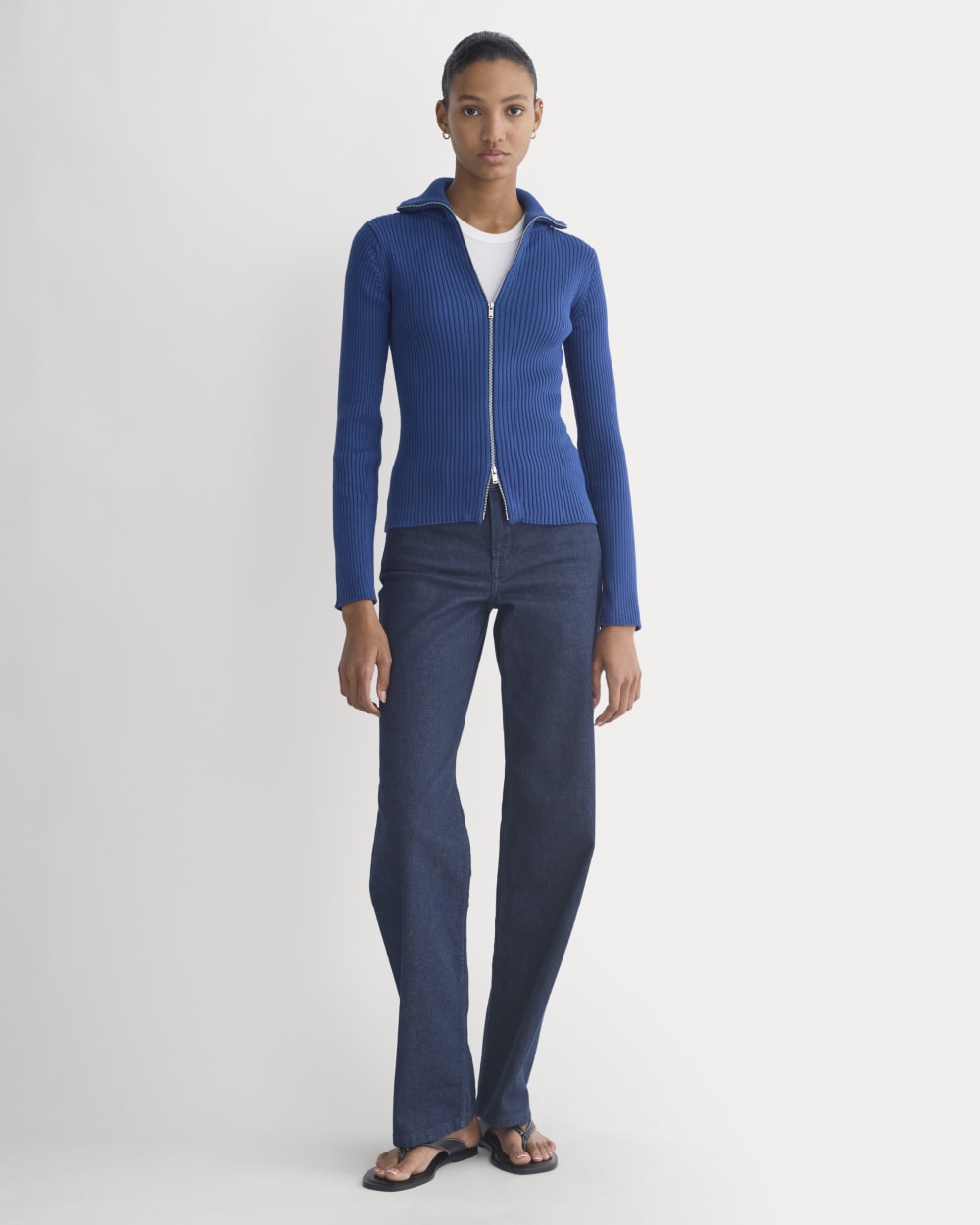 Full-Zip Ribbed Jacket in Everyday Cotton in Estate Blue — detail view