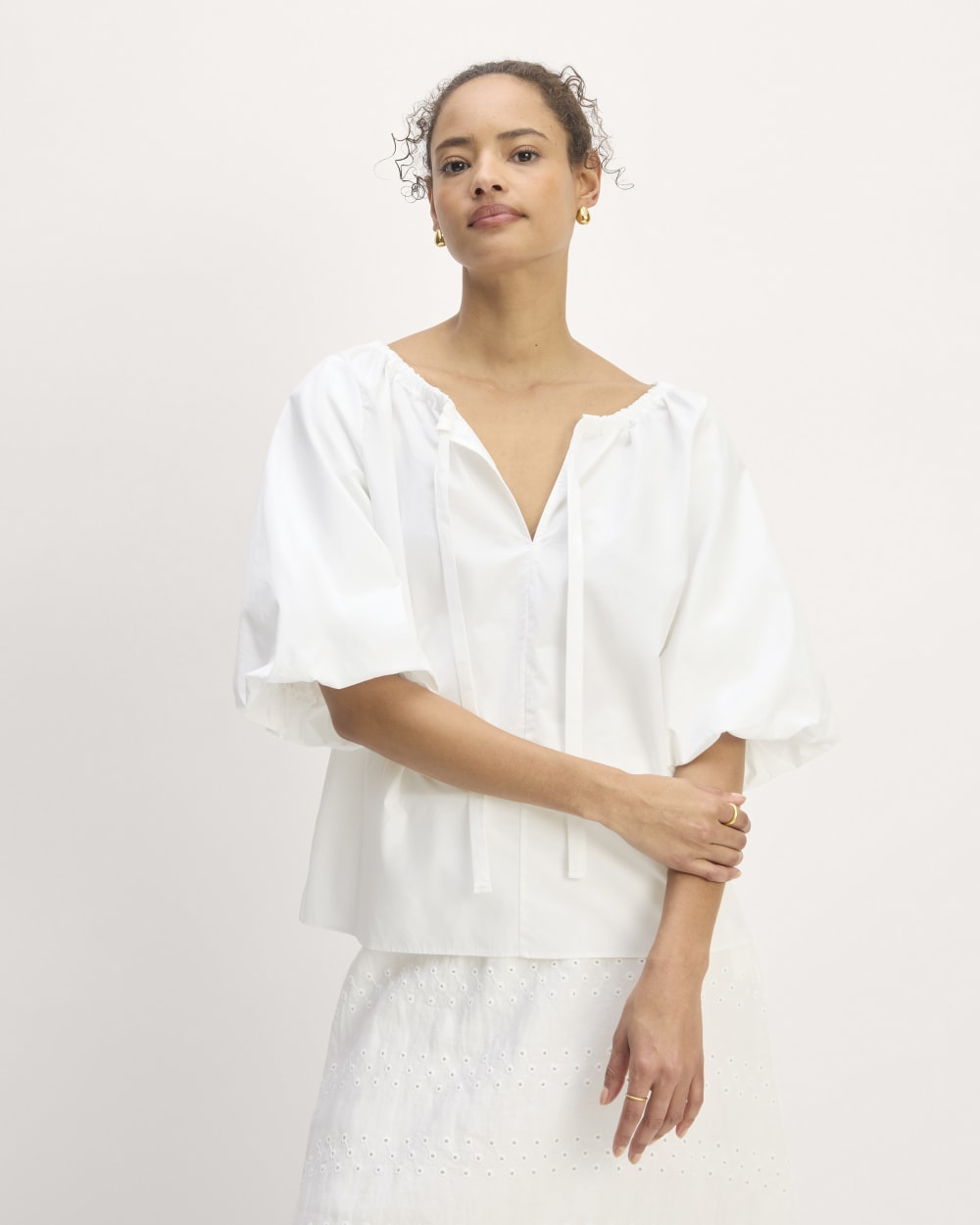 The Supima® Puff-Sleeve Top in White — detail view
