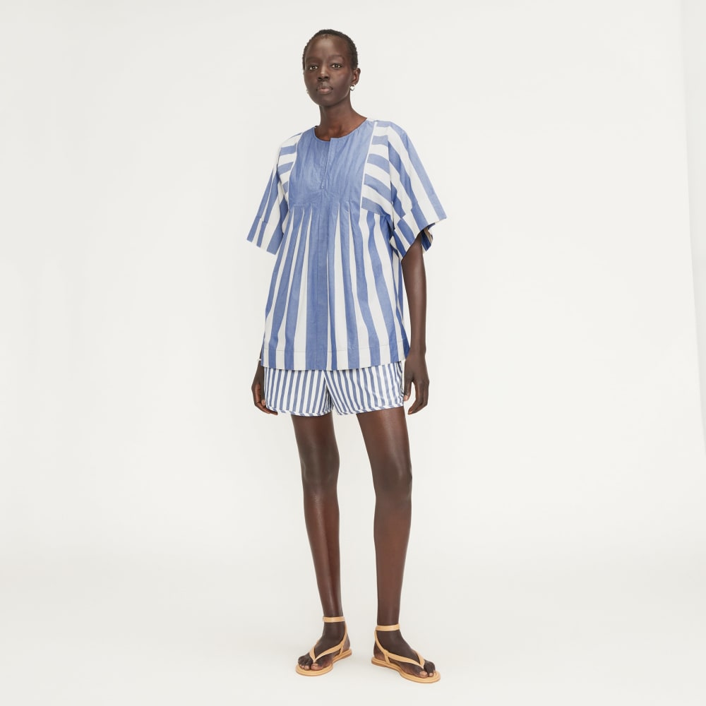 The Poplin Tunic in Mazarine Blue / Bone — detail view