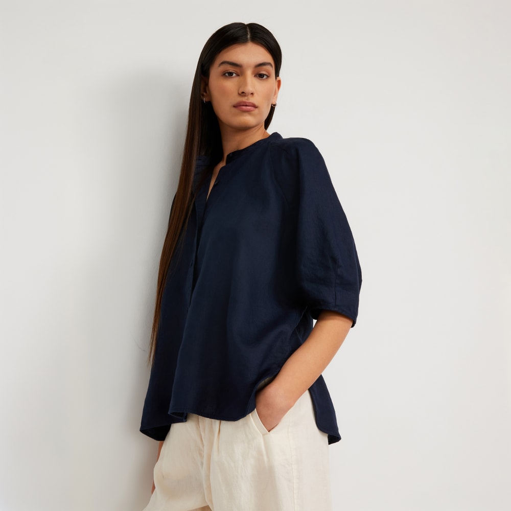 The Linen Puff Sleeve Shirt in Navy — front view