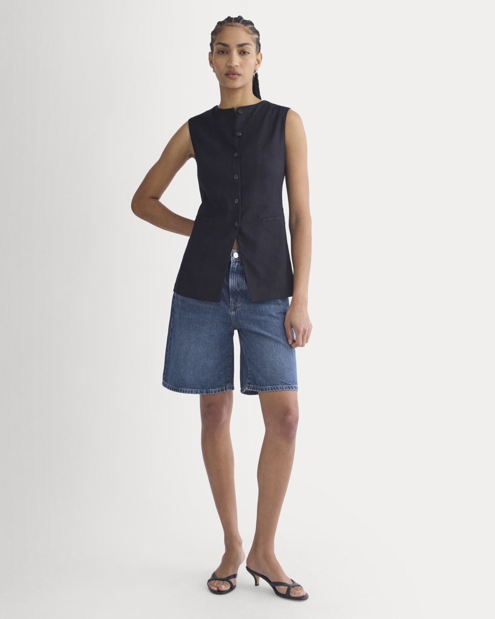 Loose Jean Short in Dark Wash — detail view