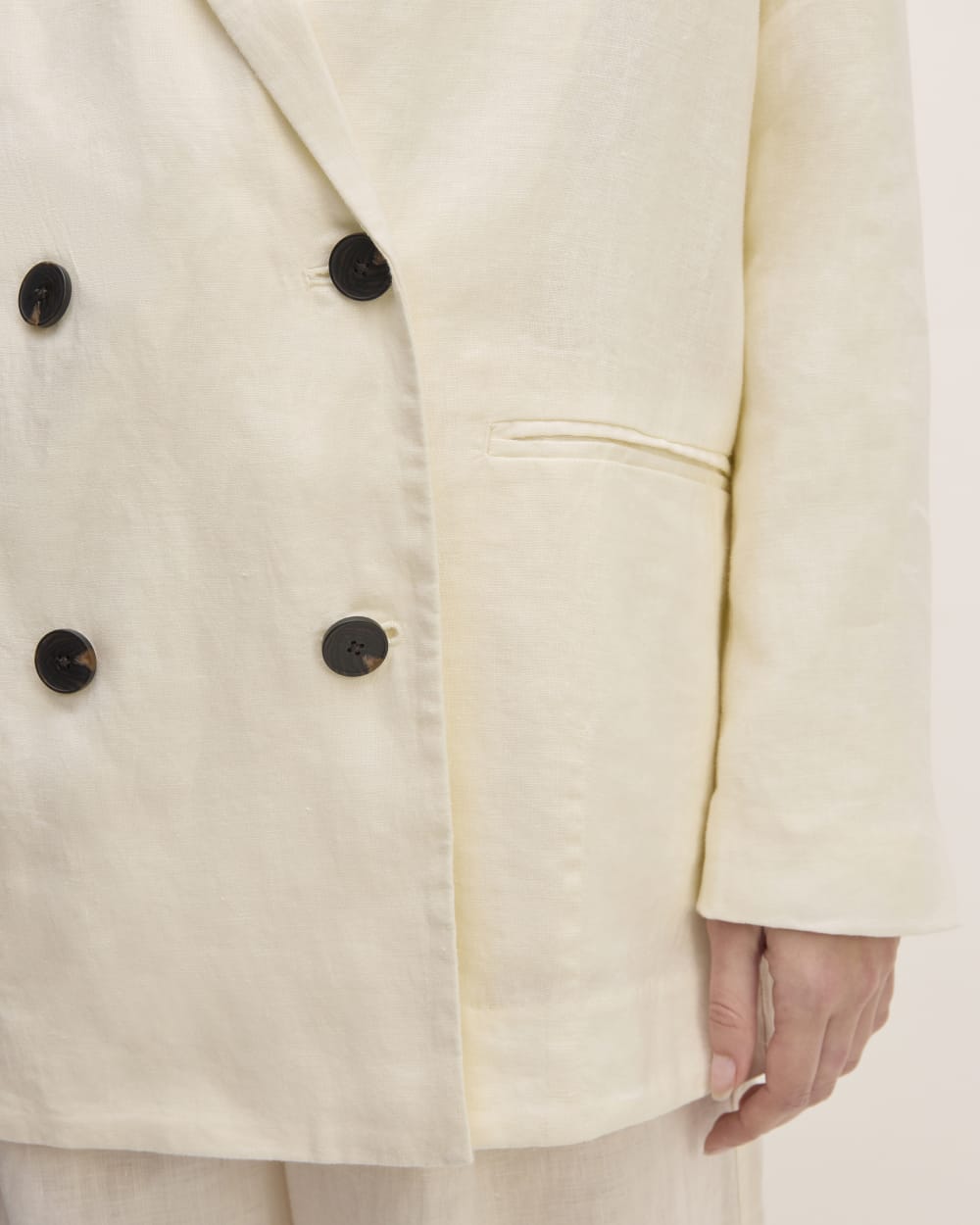 The Linen Double Breasted Blazer in Bone — detail view