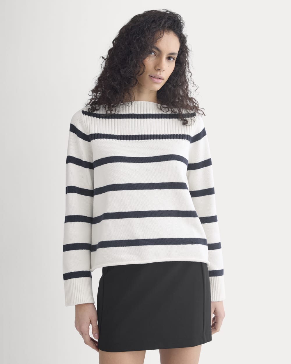 Striped Boatneck Sweater in Everyday Cotton in True Navy/Bone — detail view