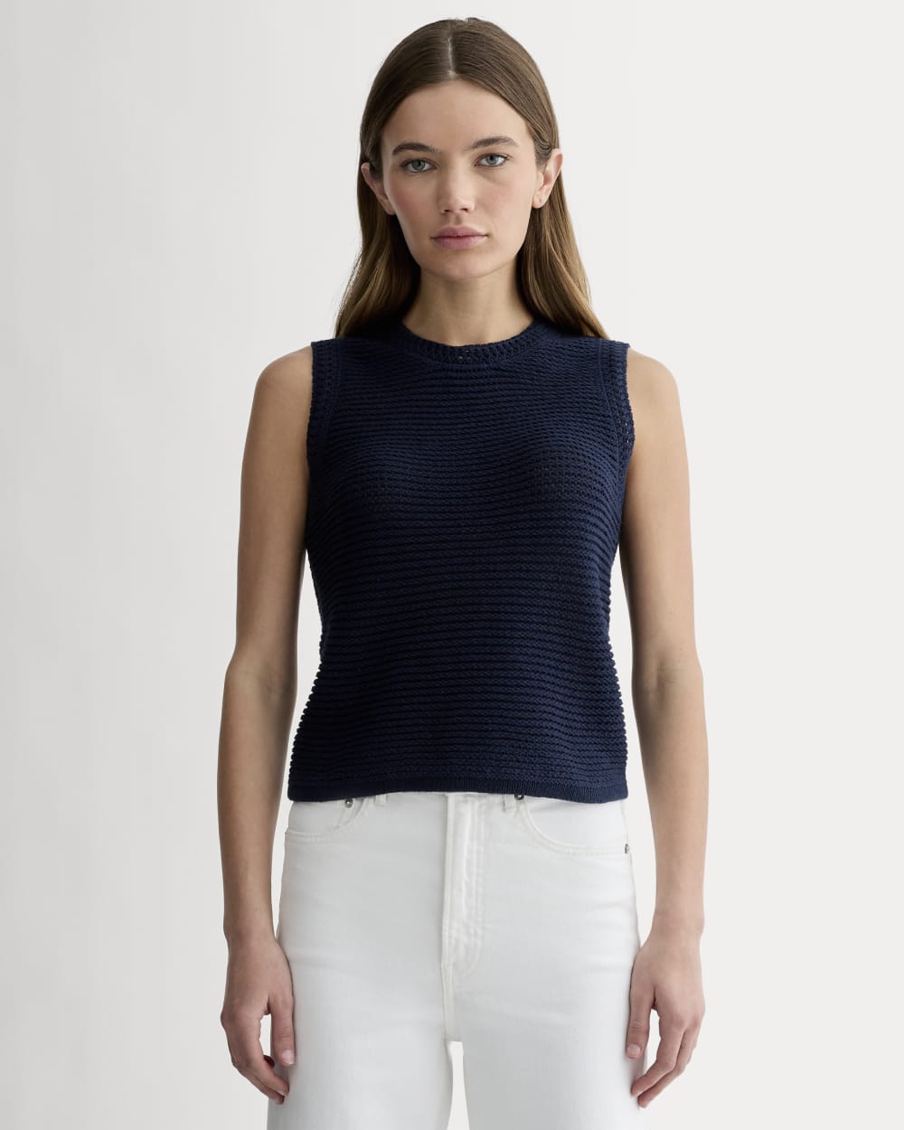 The Organic Cotton Open-Stitch Tank in Navy — front view