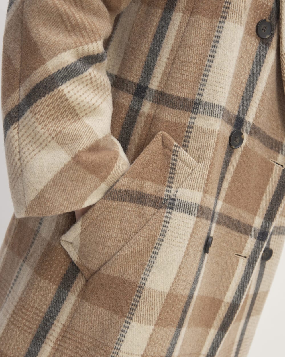 The Italian ReWool® Long Peacoat in Heathered Charcoal / Cornstalk / Toasted Coconut / Biscotti — detail view