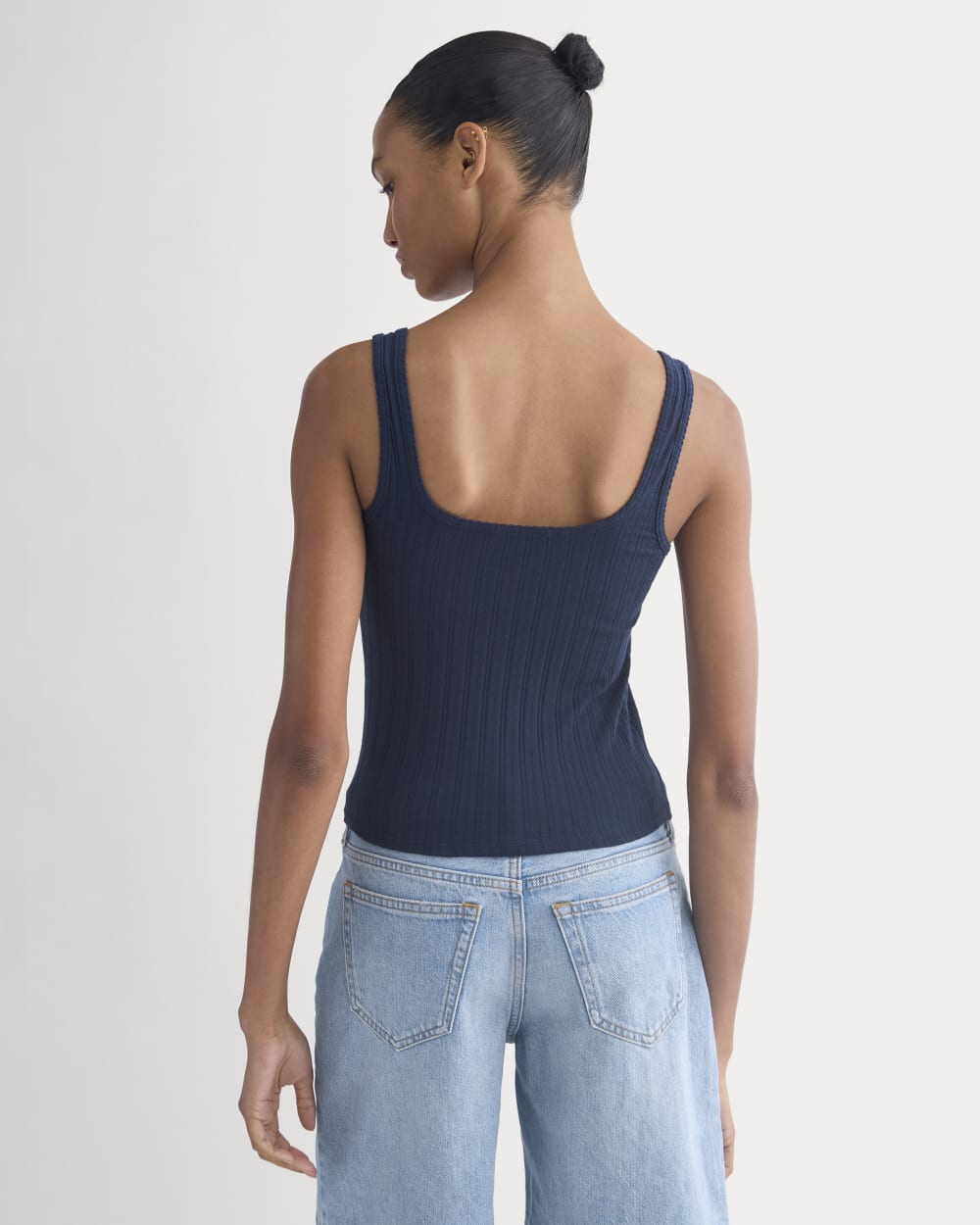 Scoop-Neck Tank in Pointelle in Deep Navy — detail view