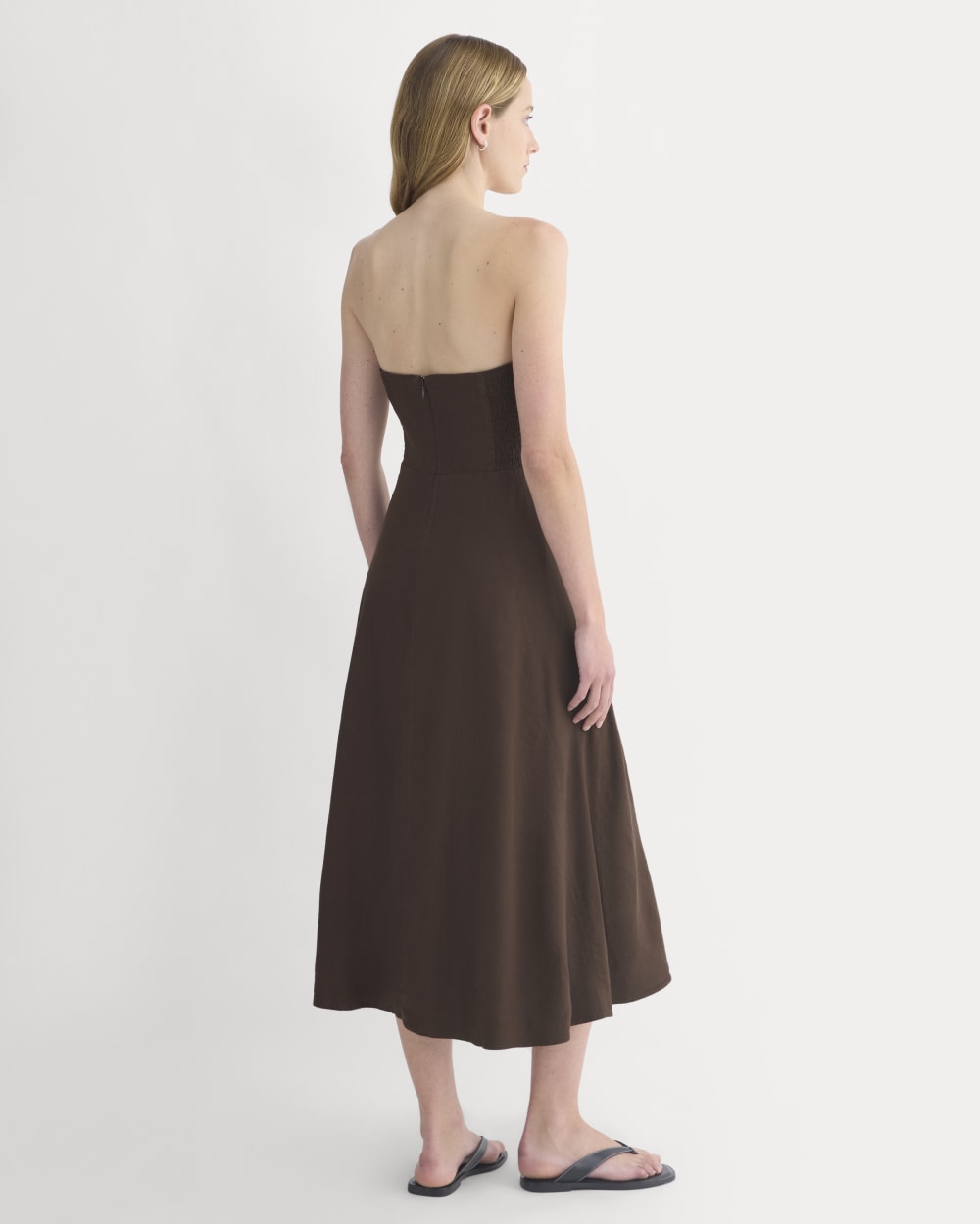 Strapless Dress in Stretch Linen in Dark Brown — detail view