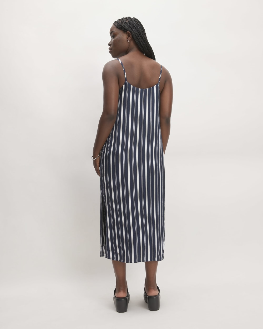 The Hammered Satin Slip Dress in Navy / Bone — detail view