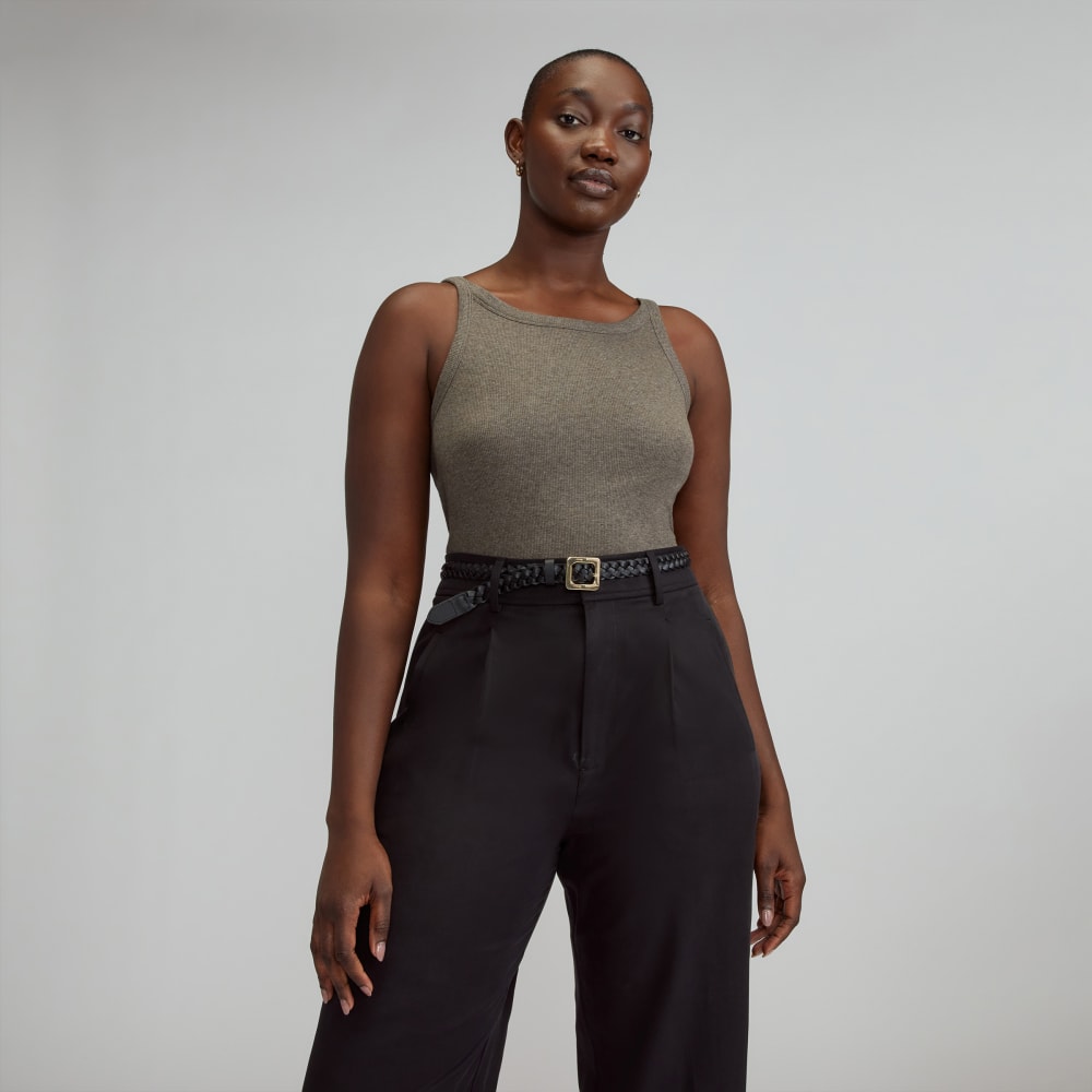The Supima® Micro-Rib Cropped Tank in Heathered Fatigue — front view