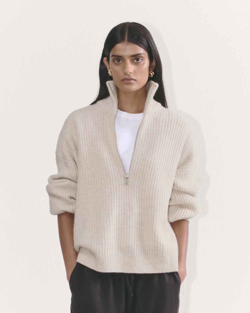 The Half-Zip Sweater in Luxe Merino in Heathered Oat — front view