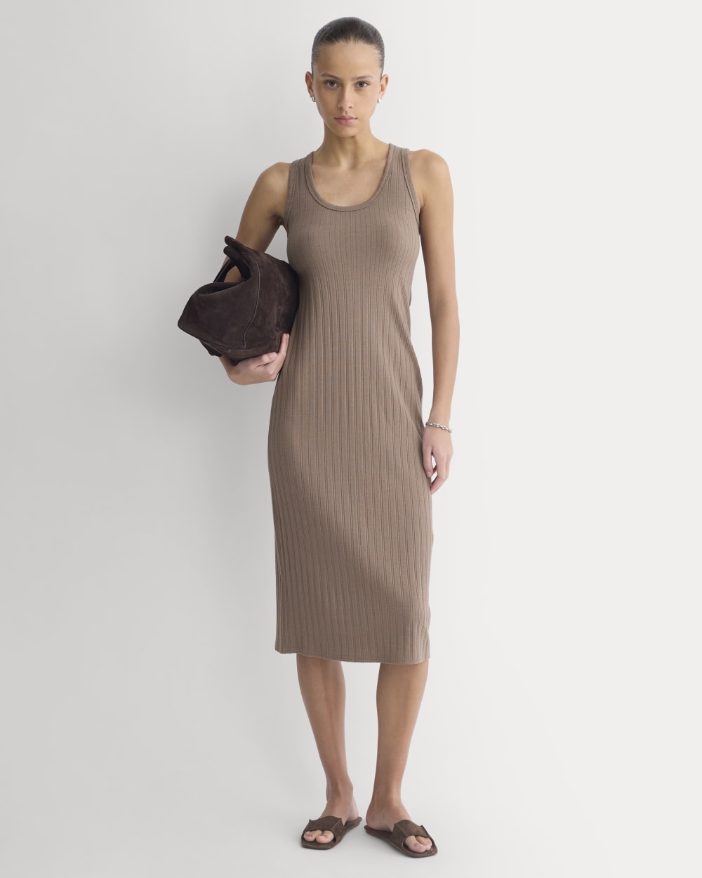 Scoop-Neck Midi Dress in Pointelle Knit in Heathered Chocolate Chip — front view