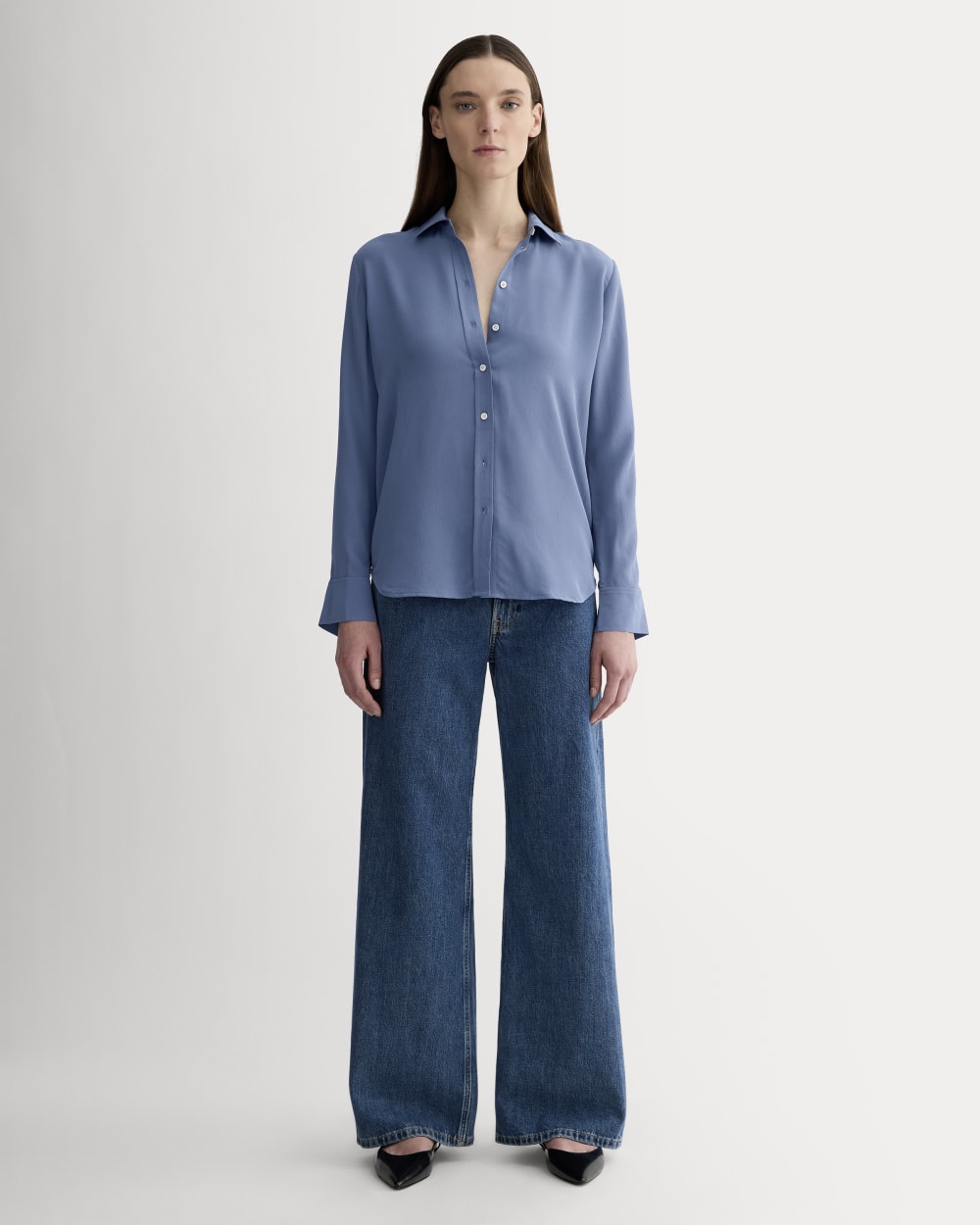 The Must-Have Shirt in Washable Silk in French Blue — detail view