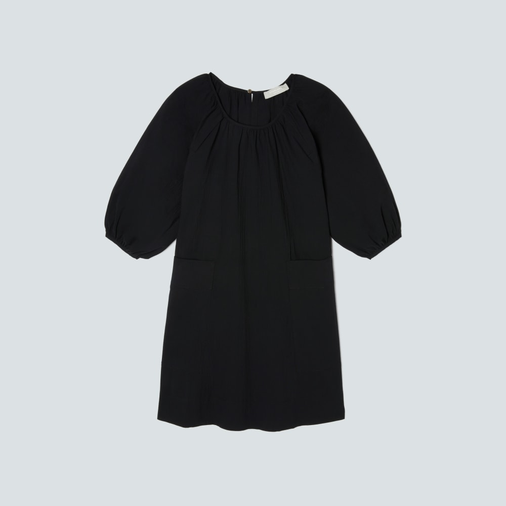 The Seersucker Puff Sleeve Dress in Black — front view