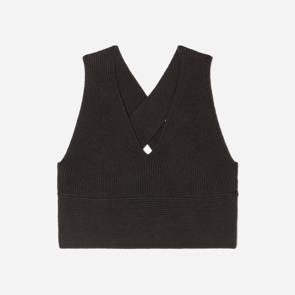 The Cross-Back Cropped Sweater Top in Black — front view