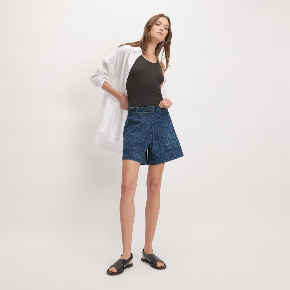 The Denim Utility Short in Dark Painterly Strokes — detail view