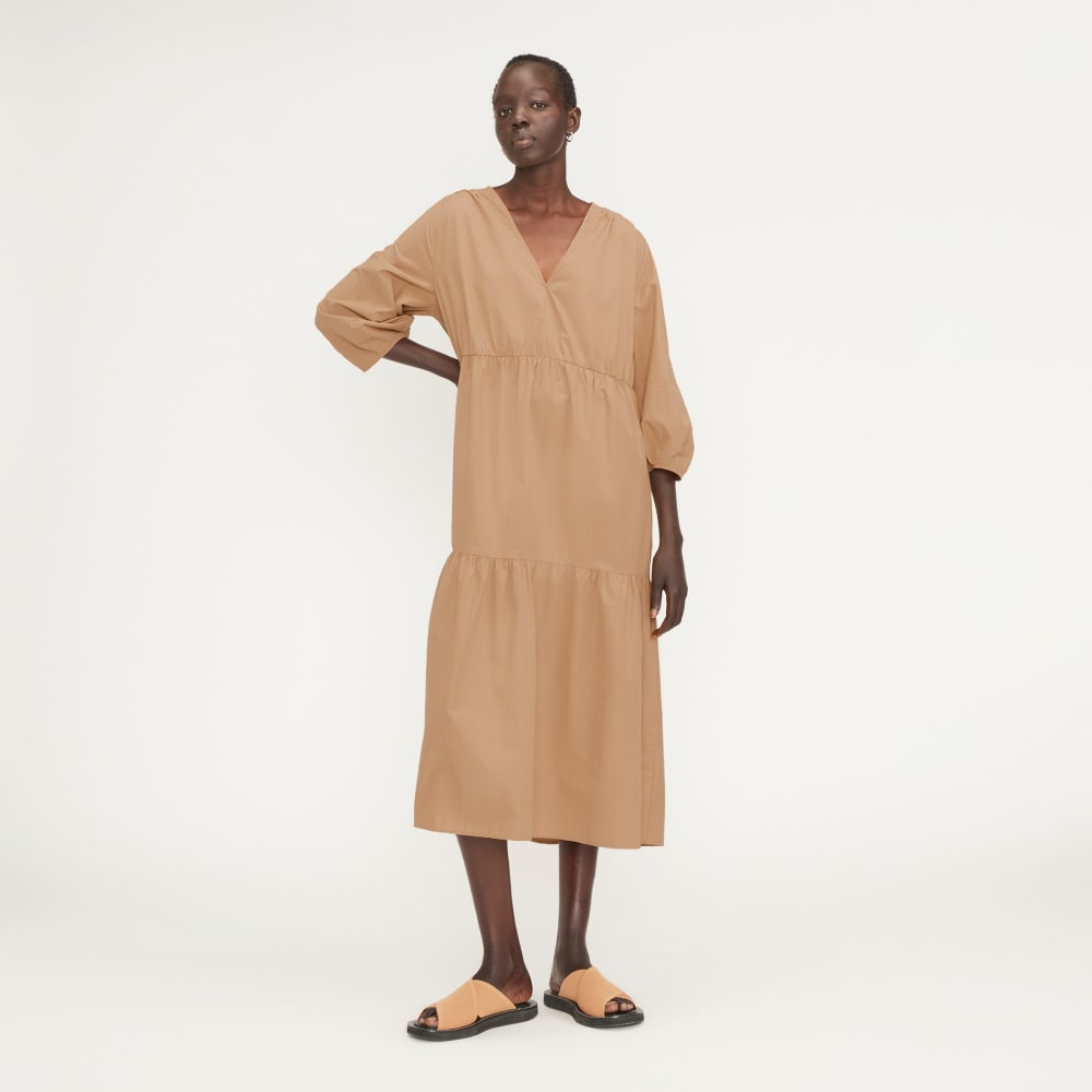 The Poplin Tiered Dress in Caramel — front view