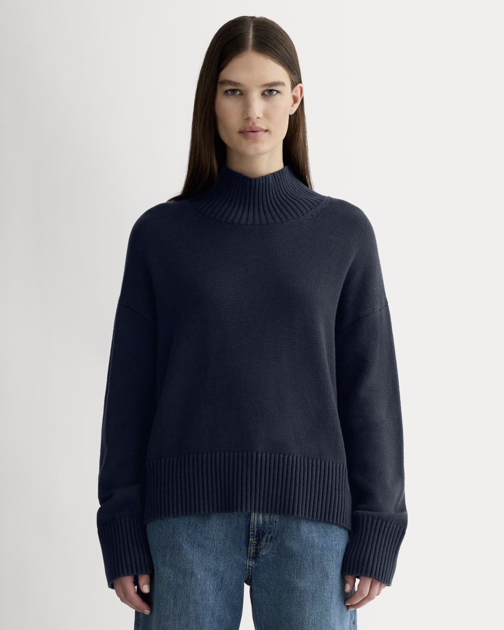 The Boxy Turtleneck in Everyday Cotton in Navy — front view