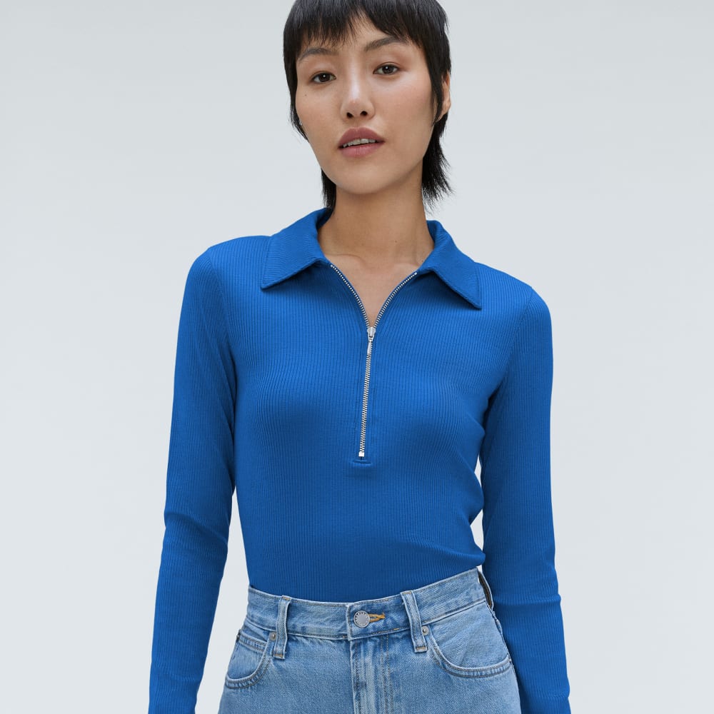 The Super-Soft Zip Polo in Lapis Blue — detail view