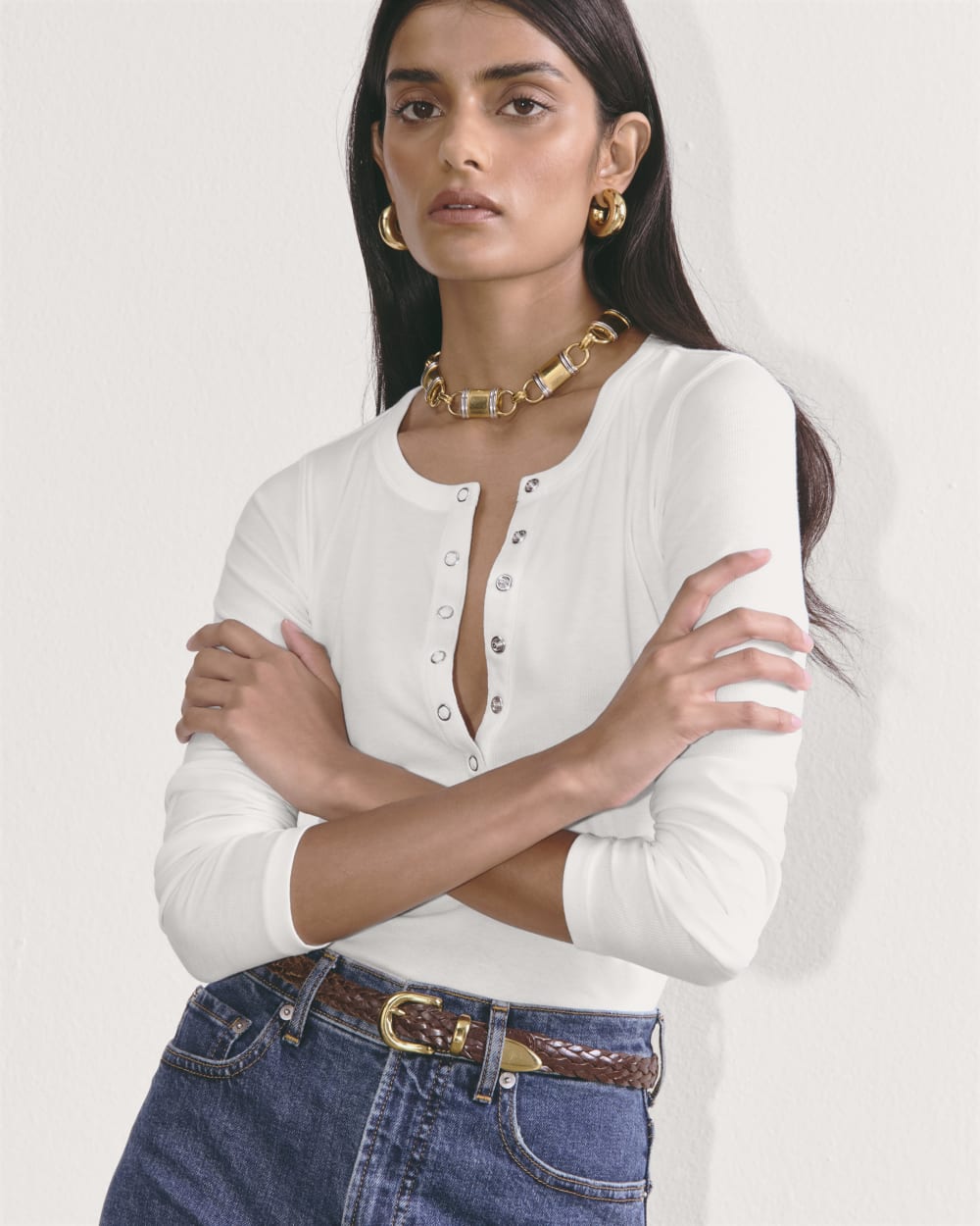 The Luxe Rib Henley in White — detail view