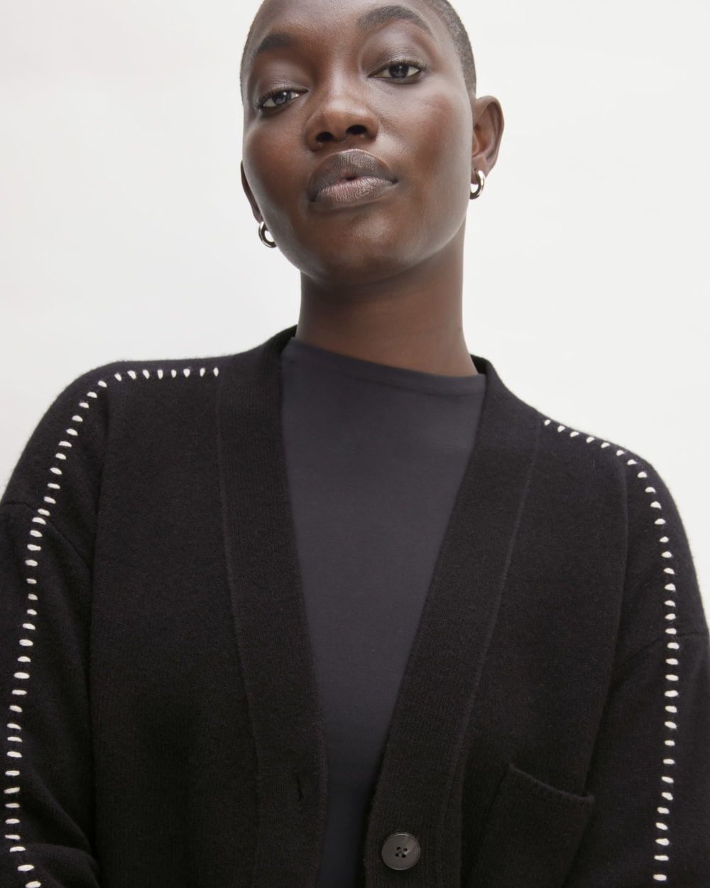 The Good Merino Wool Cardigan in Black / Buttermilk — detail view
