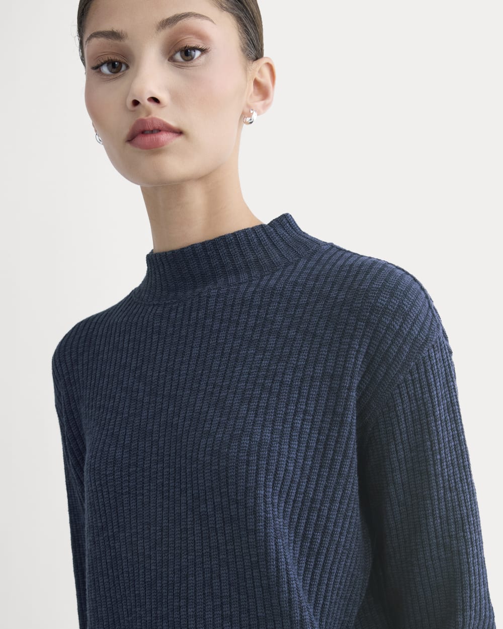 The Cozy Rib Funnel-Neck in Navy — detail view
