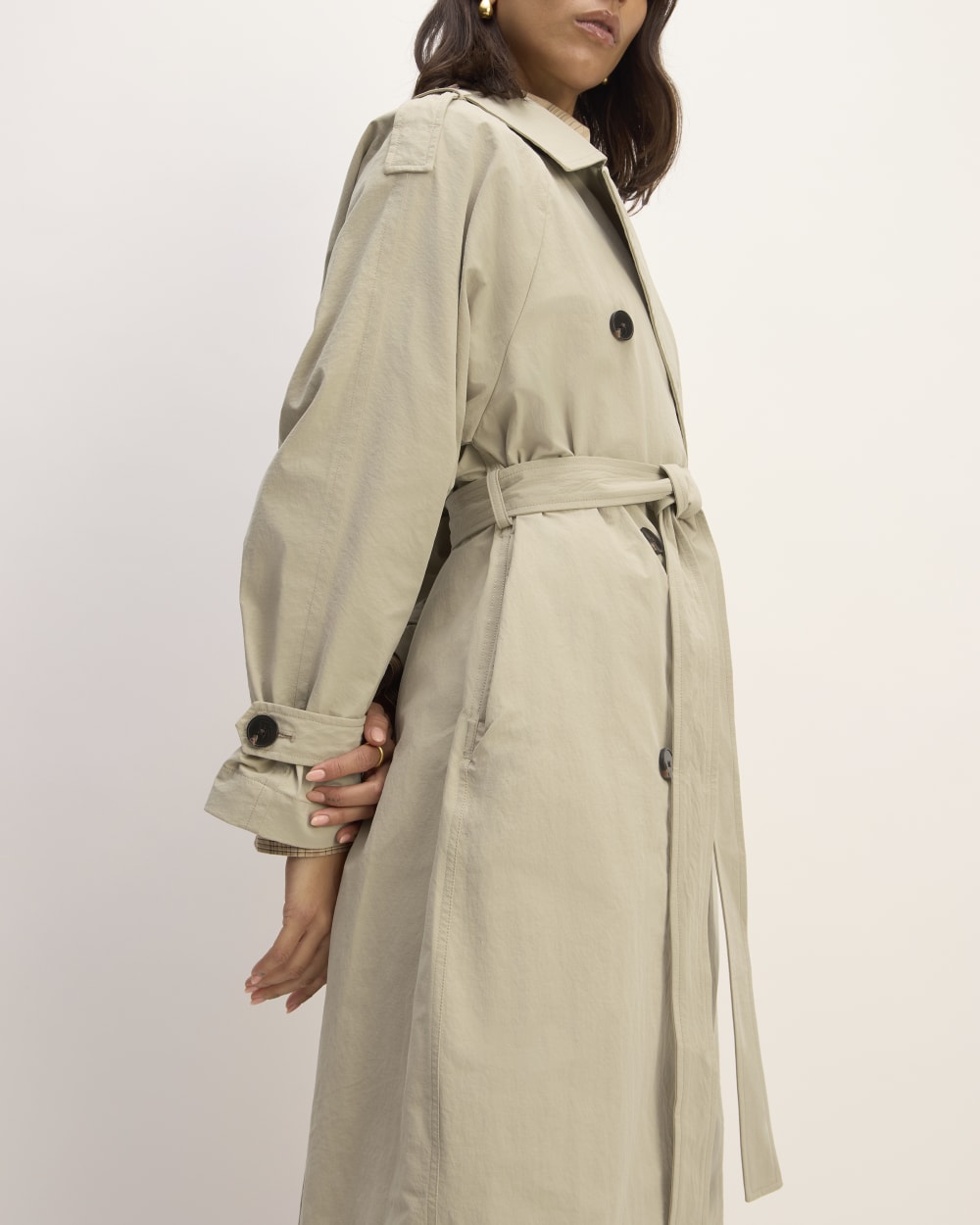 The ReNew Long Trench Coat in Trench Coat Khaki — detail view