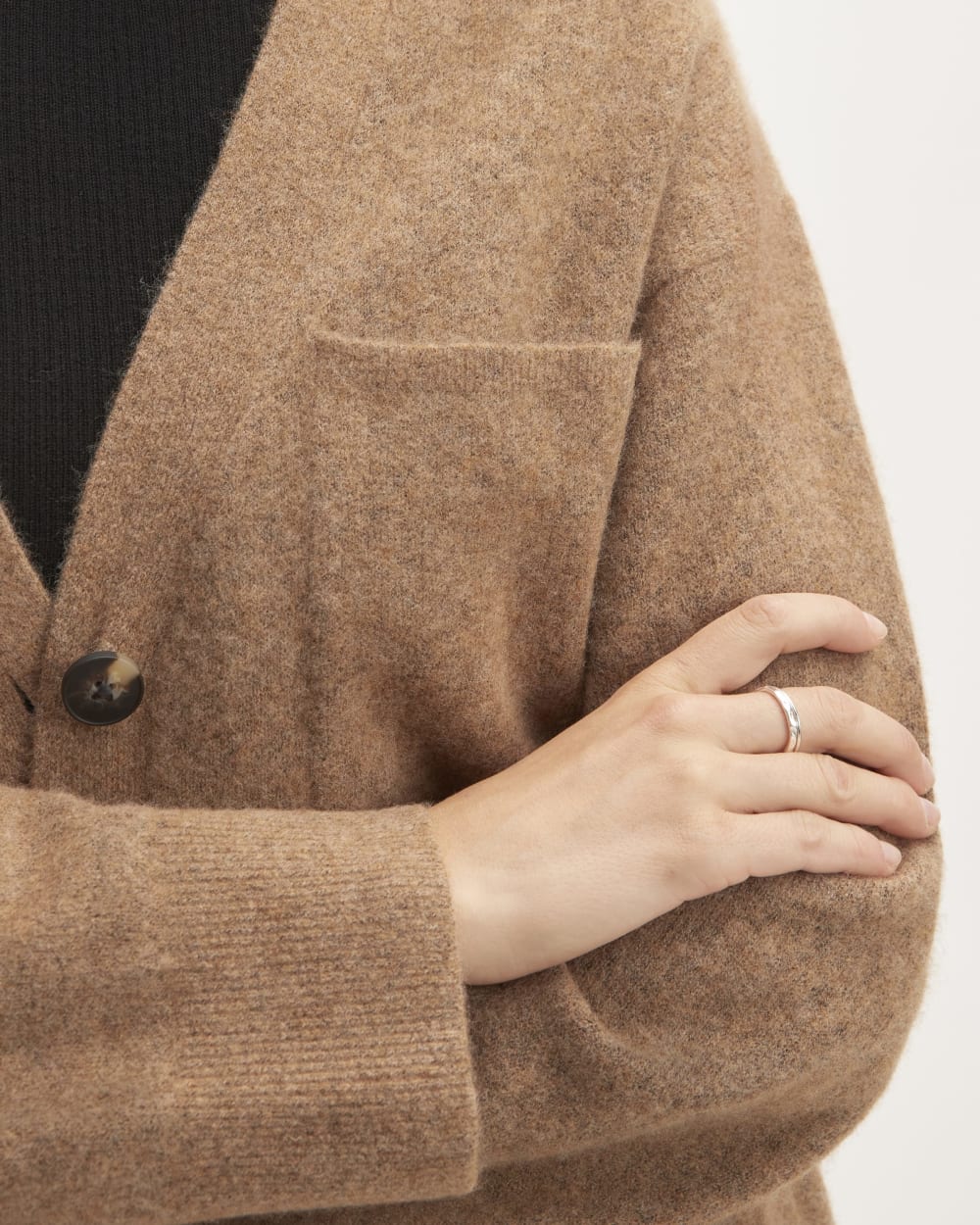 The Cozy-Stretch Relaxed Cardigan in Heathered Toasted Coconut — detail view