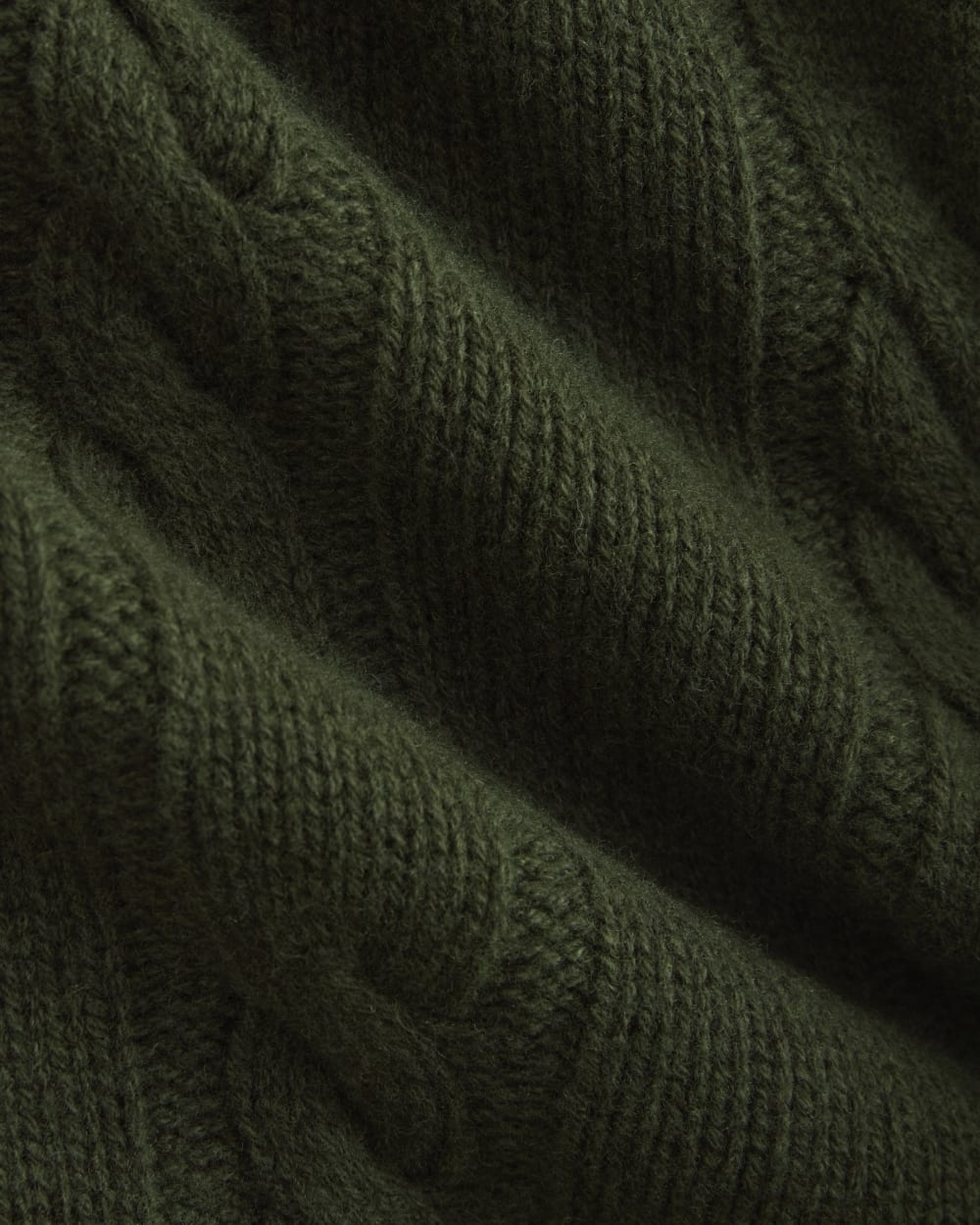 Cable Cardigan in Extrafine Luxe Merino in Dark Forest — detail view