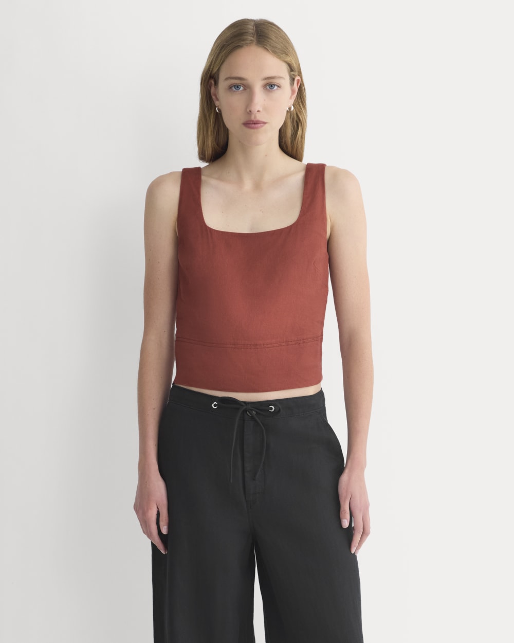 Square Tank in Stretch Linen in Henna Red — front view