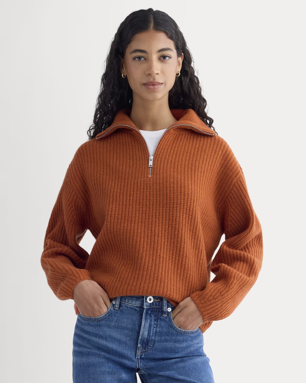 The Half-Zip Sweater in Luxe Merino in Rust Heather — front view