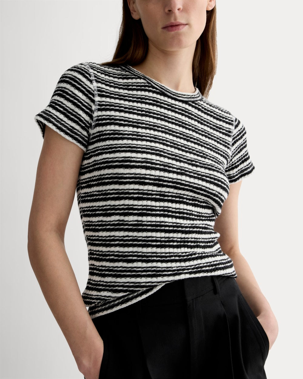 The Cozy Rib Tee in Bone / Black — detail view