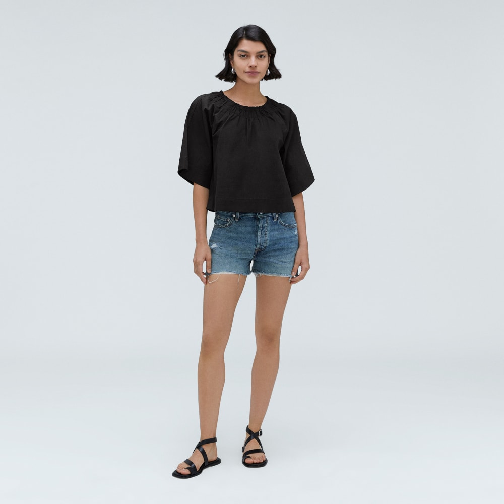 The Seersucker Gathered Tee in Black — detail view