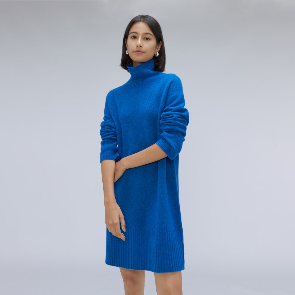 The Cozy Stretch Turtleneck Dress in Heathered Lapis Blue — detail view