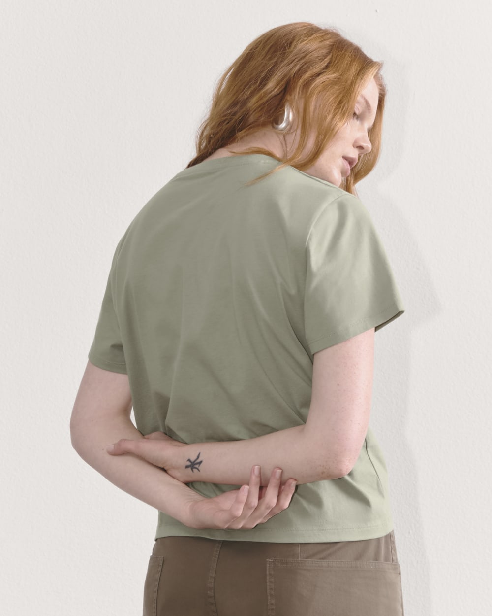 The Box-Cut Tee in Essential Cotton in Sage Green — detail view