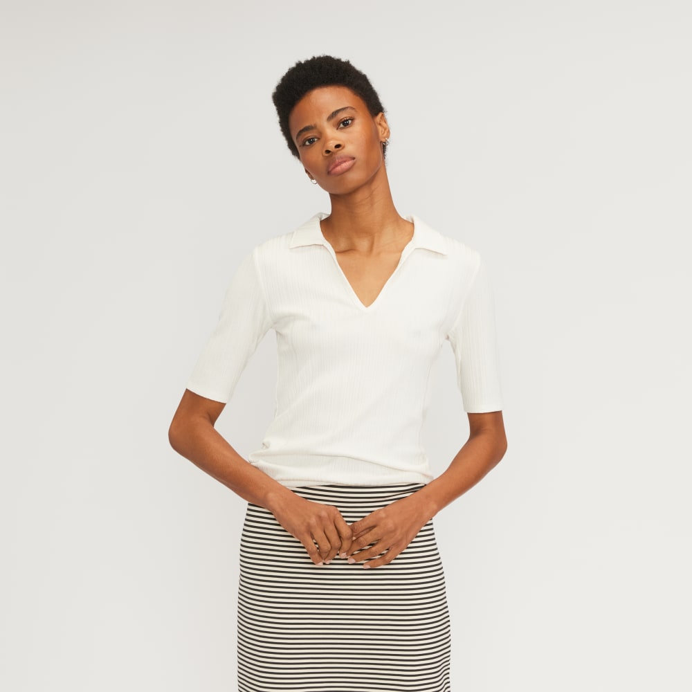 The Rib Soft Knit Open Collar Polo in Bone — front view