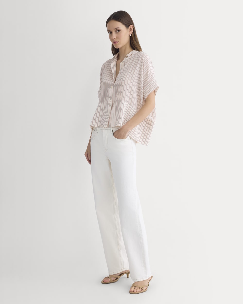 The Boxy Shirt in Washable Silk in Bone / Rose — detail view