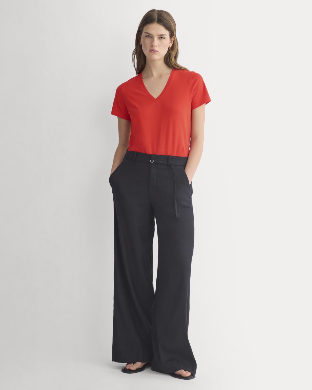 The Slim V-Neck Tee in Essential Cotton in Fiery Red — detail view